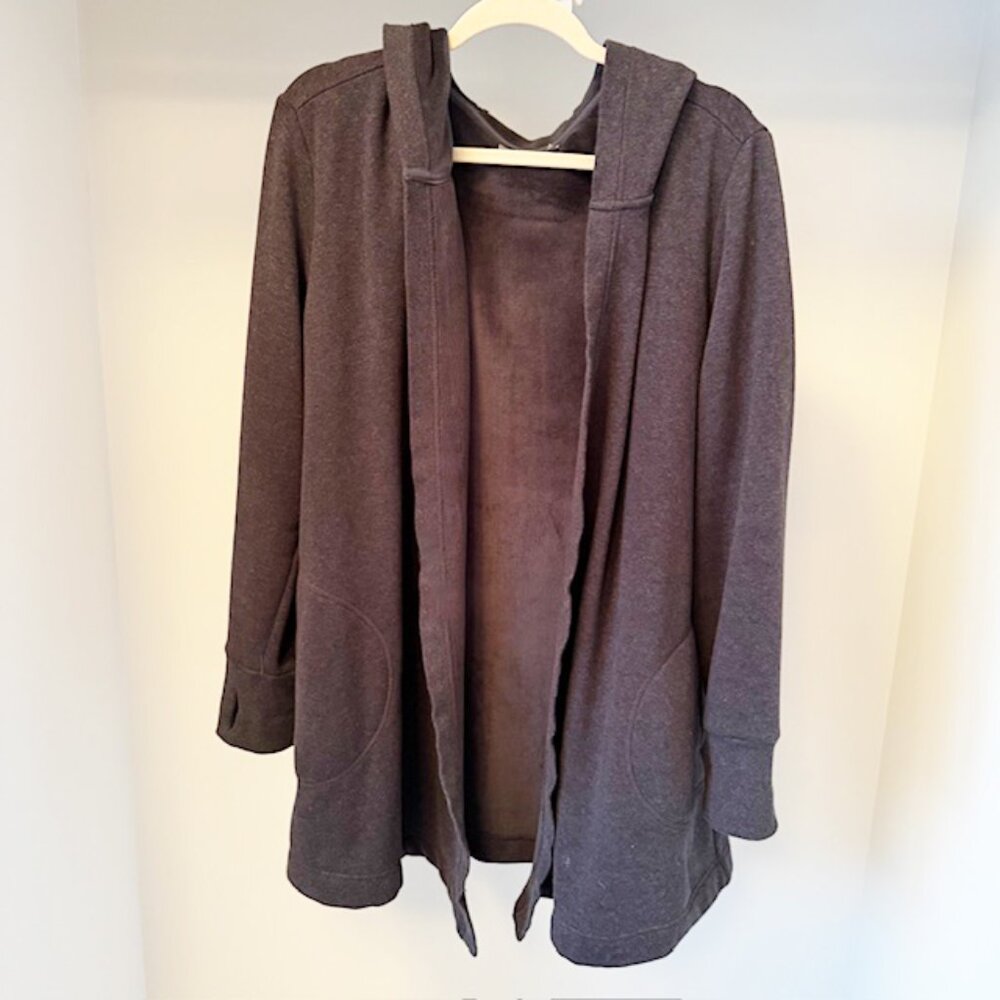 Athleta Open Front Hooded Sweatshirt, Velour Interior, Dark Gray, Size L